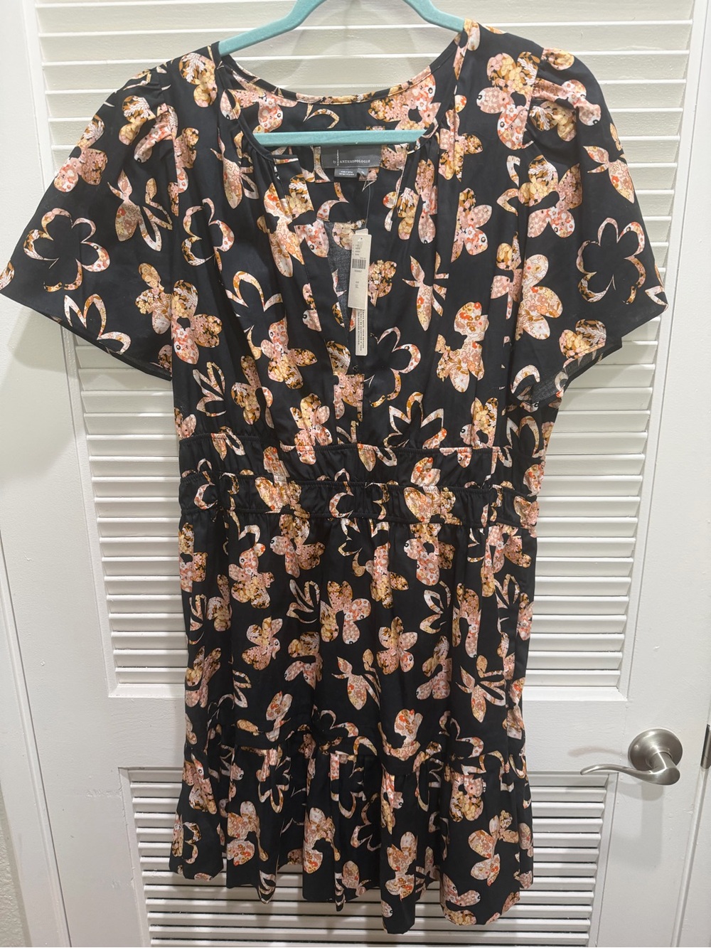 Anthropologie Black Midi Dress with Pink Peach Floral Print